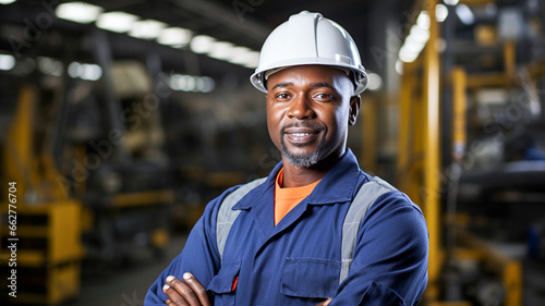 Smiling and happy employee. Portrait of industrial african american worker indoors in factory.

