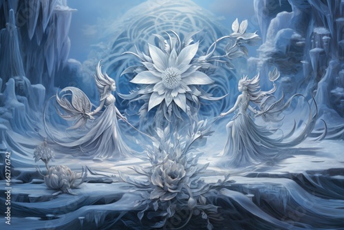 Graceful frost faeries, creating intricate ice sculptures in frozen landscapes - Generative AI