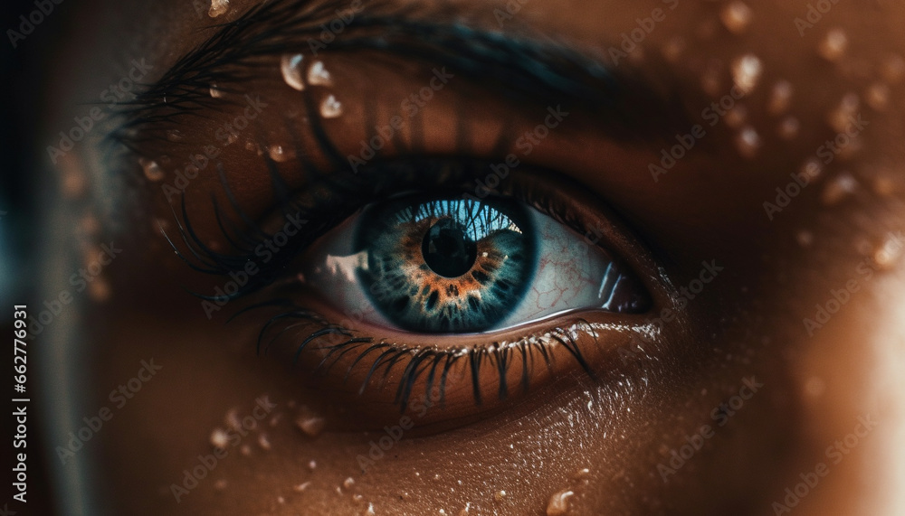 Beautiful young woman staring into camera with blue eyes and wet eyelashes generated by AI Beautiful young woman staring into camera with blue eyes and wet eyelashes generated by AI