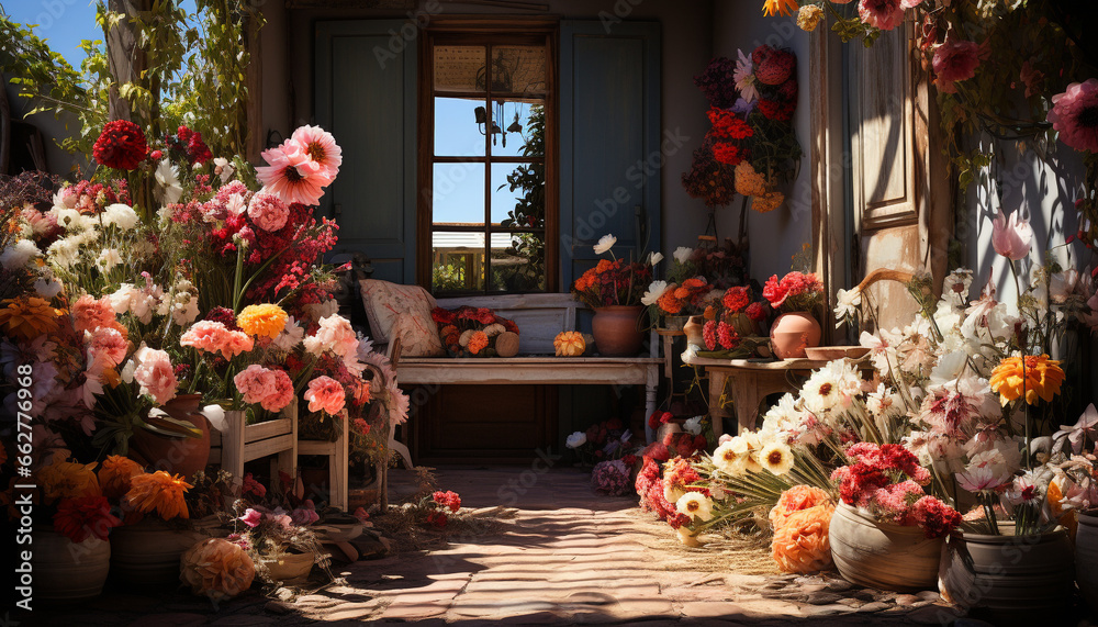 Freshness of nature in a rustic flower arrangement on a table generated by AI Freshness of nature in a rustic flower arrangement on a table generated by AI