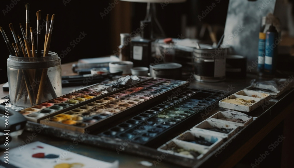 Artist messy studio showcases creativity with multi colored watercolor paints generated by AI