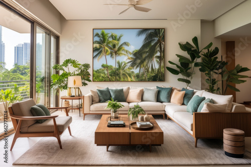 Immerse yourself in the exquisite living room interior of a serene oasis - a tropical paradise brimming with lush, vibrant tropical plants, cozy ambiance, and natural light