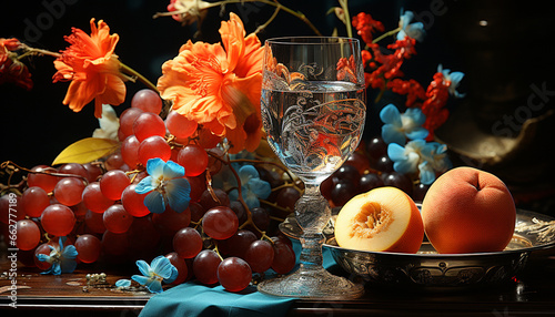 Celebration of love and nature wine, flower, candle, sweet food generated by AI