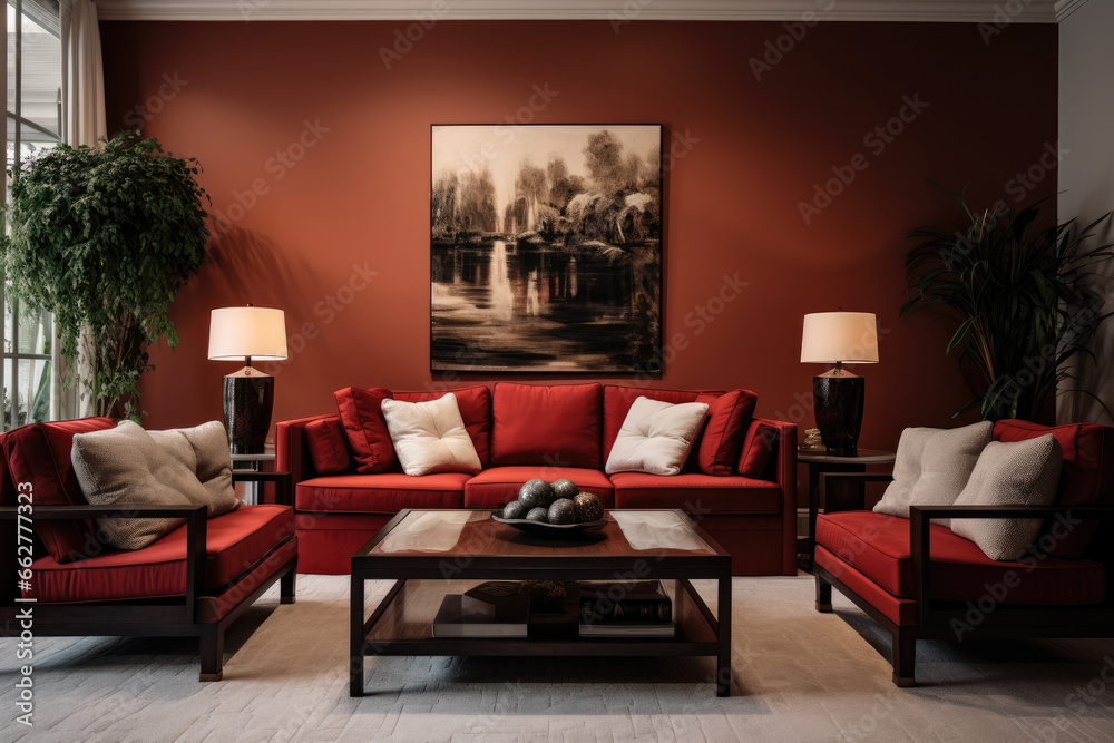 A Cozy and Inviting Modern Living Room Interior Adorned in Rich Mahogany Colors, Exuding Elegant Simplicity with Sleek Design and Warm Decorative Elements, Creating a Spacious