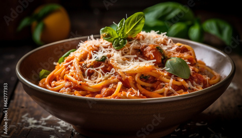 Freshly cooked vegetarian pasta with bolognese sauce and parmesan cheese generated by AI