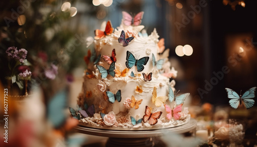 A luxurious wedding cake with ornate decorations and multi colored flowers generated by AI
