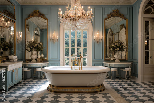 Elegant traditional bathroom with a chandelier and freestanding bathtub  creating a stylish and restful interior that exudes sophistication and class  while also providing a modern