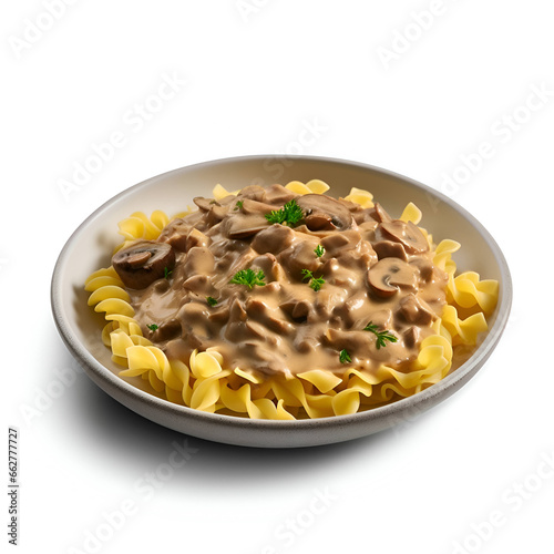 Pasta with mushrooms and cream sauce in a bowl isolated on white background