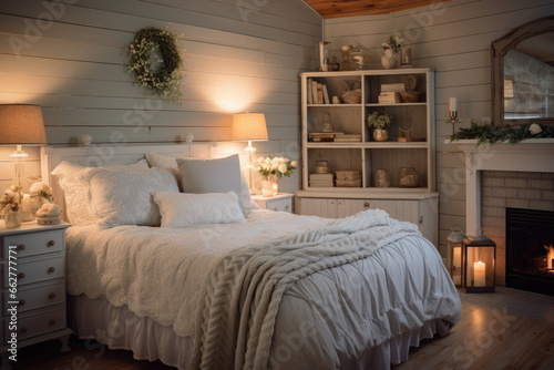 Experience the Serenity of a Cozy Cottage Haven: Rustic Accents, Vintage Charm, and Soft Illumination Create a Tranquil Bedroom Retreat