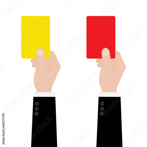 Hand Holding Red Card and Yellow Card for Football Match. Vector Illustration. 