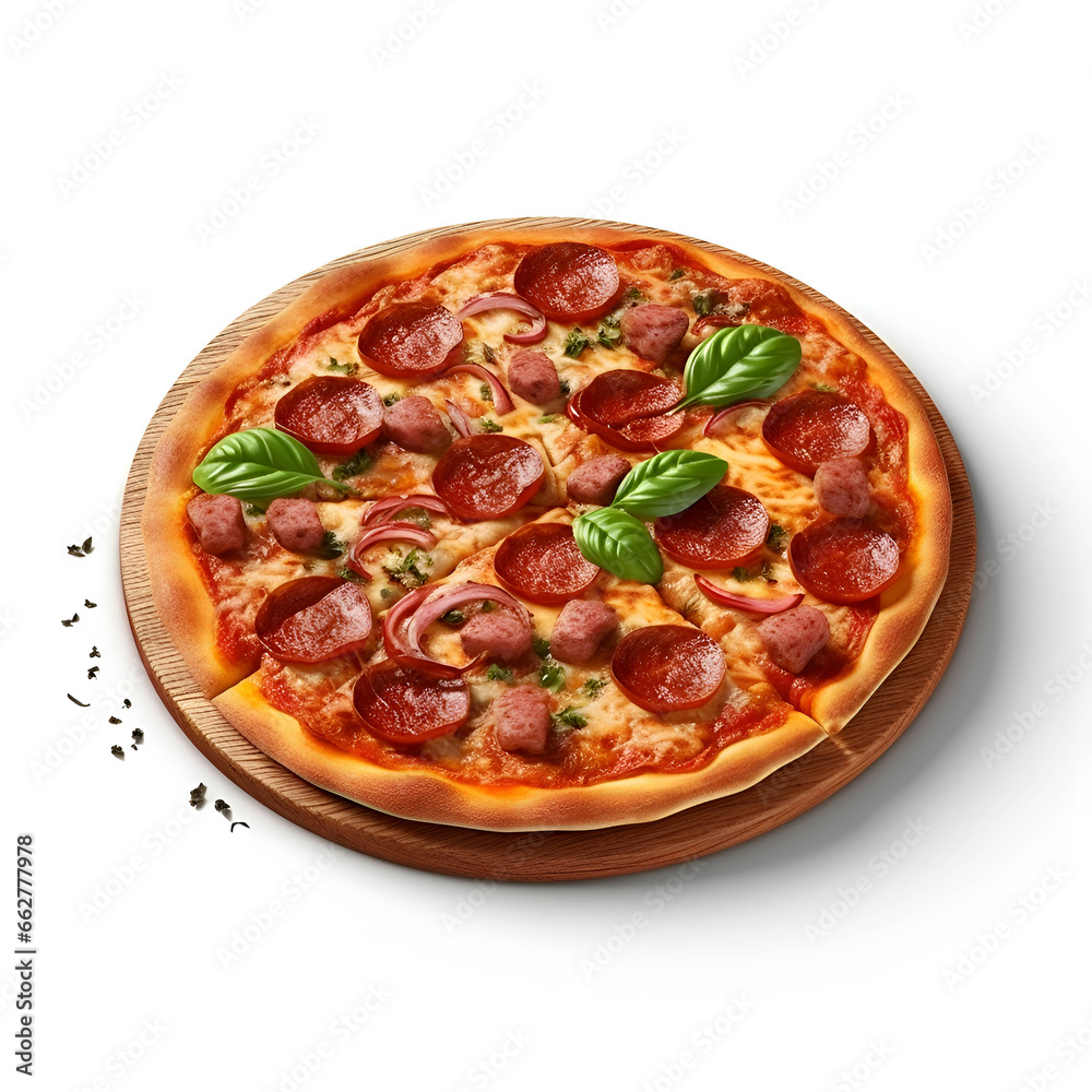 Pizza with salami and basil on white background- top view