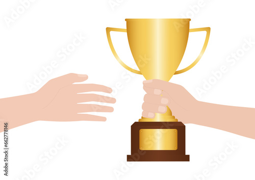 Hand Holding and Giving Golden Trophy Cup. Champion and Winning Concept Vector Illustration.	