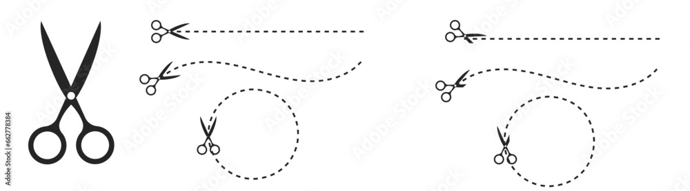 cut line dotted dash line guide with scissors silhouette icon, cutting line icon