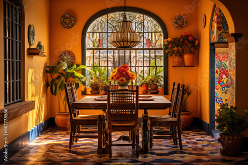 A Vibrant and Intricately Patterned Traditional Mexican Dining Room Interior, Adorned with Handcrafted Details, Cultural Decor, and Colorful Furniture, Exuding a Festive Atmosphere