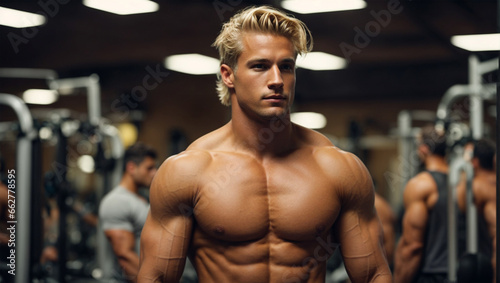 Attractive shirtless  male bodybuilder in shorts showing muscular torso and posing at gym.
