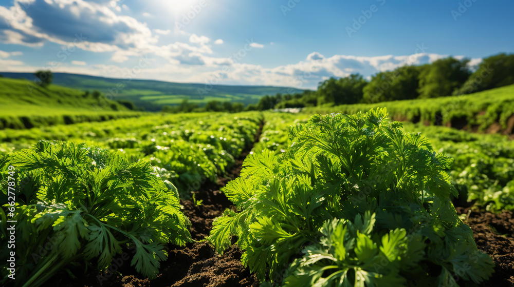 Carrot greens in high quality fields for daily nutritional needs. Generative AI