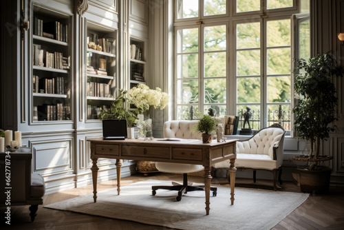 An Elegant Office Interior in French Country Style with Rustic Charm and Vintage Accents  featuring cozy armchairs  hardwood floors  vintage table lamps  floral patterns  decorative curtains
