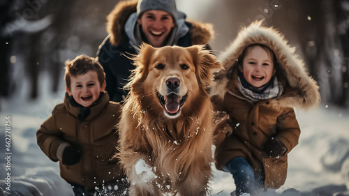 Happy family walking their pet golden retriever in the winter forest outdoors. Active Christmas holidays. Design ai photo