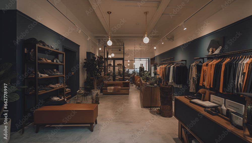 Modern domestic room showcases fashionable clothing collection in elegant boutique generated by AI Modern domestic room showcases fashionable clothing collection in elegant boutique generated by AI