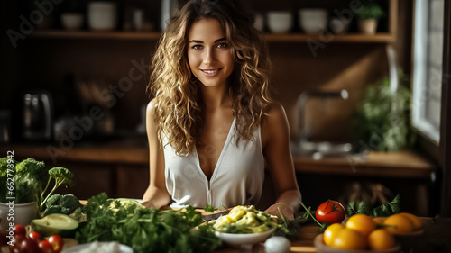 Portrait of a young beautiful woman who eats healthy food for breakfast. Proper nutrition Design ai