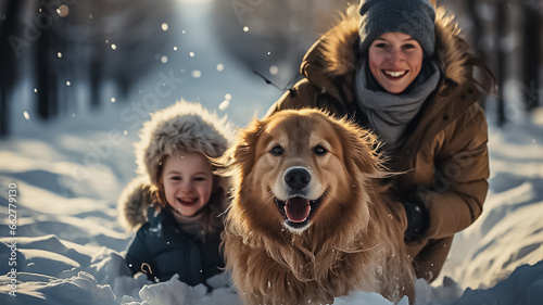 Happy family walking their pet golden retriever in the winter forest outdoors. Active Christmas holidays. Design ai