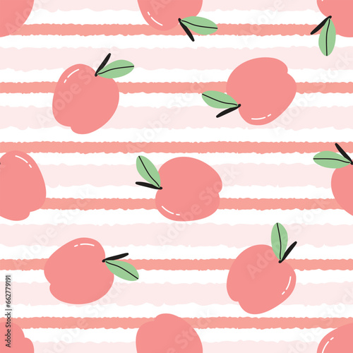 Baby seamless pattern Red apple on pink striped background, cute design, cartoon style, for baby clothes, wallpaper, decoration