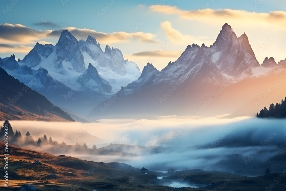  majestic mountain peak surrounded by misty clouds, showcasing the serene and awe-inspiring beauty of nature. 