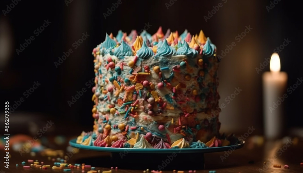 Bright birthday cake with multi colored decorations and burning candles generated by AI