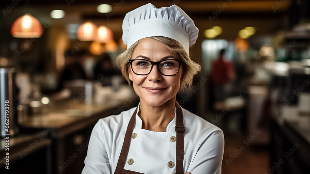 Happy Chef mature woman of a Big Restaurant Crosses Arms and Smiles in a Modern Kitchen. Design ai Happy Chef mature woman of a Big Restaurant Crosses Arms and Smiles in a Modern Kitchen. Design ai
