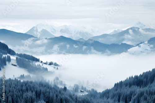 snow-capped mountains emerging from a sea of clouds. The peaks of the mountains are sharp and prominent, piercing through the cloud cover © manof
