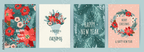 Christmas and Happy New Year cards with flowers, christmas tree, branches, leaves, berries, snowflakes. Trendy retro style. Vector design