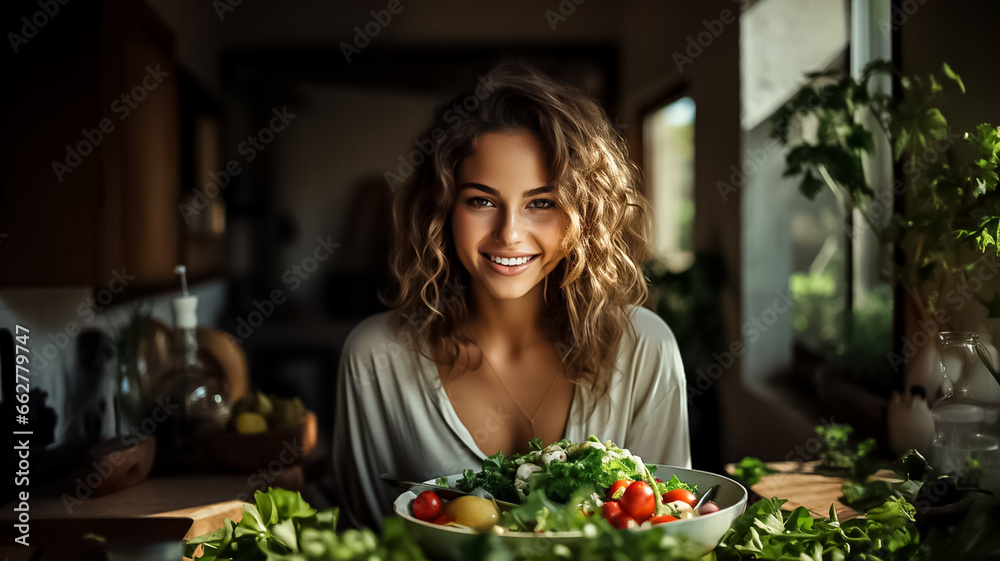 Portrait of a young beautiful woman who eats healthy food for breakfast. Proper nutrition Design ai Portrait of a young beautiful woman who eats healthy food for breakfast. Proper nutrition Design ai