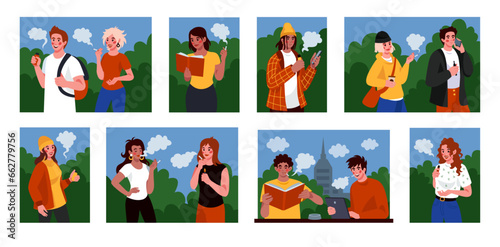 Cigarette smoke. People smoking tobacco. Nicotine addiction. Abuse and depression characters. Young man and woman in park. Unhealthy habit. Vaping friends. Vector isolated tidy illustration scenes set
