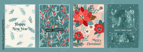 Christmas and Happy New Year cards with flowers, christmas tree, branches, leaves, berries, snowflakes. Trendy retro style. Vector design