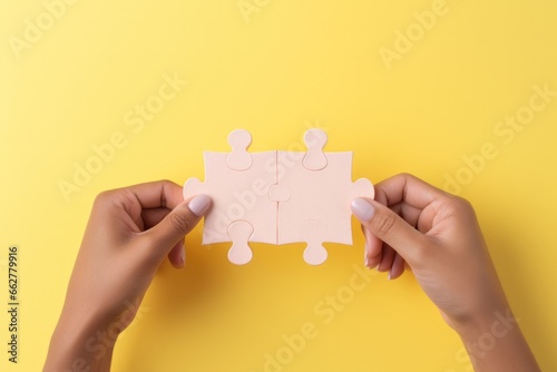 Hands holding a jigsaw puzzle on pastel background. Business concept.