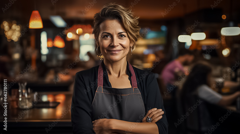 Happy Chef mature woman of a Big Restaurant Crosses Arms and Smiles in a Modern Kitchen. Design ai Happy Chef mature woman of a Big Restaurant Crosses Arms and Smiles in a Modern Kitchen. Design ai