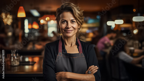 Happy Chef mature woman of a Big Restaurant Crosses Arms and Smiles in a Modern Kitchen. Design ai