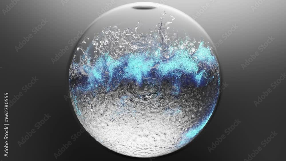Realistic abstract liquid sphere, dust particles liquid substance, magical Bright blue glowing atoms, Water Splash with Droplets, liquid substance, water ball wave into circle shape, 3d render