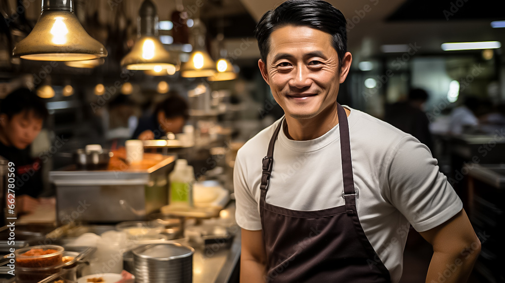 Happy Chef mature man of a Big Restaurant Crosses Arms and Smiles in a Modern Kitchen. Design ai Happy Chef mature man of a Big Restaurant Crosses Arms and Smiles in a Modern Kitchen. Design ai