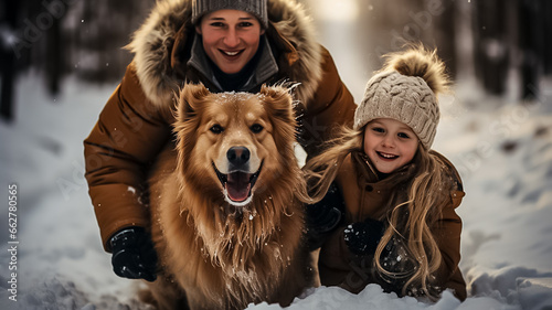 Happy family walking their pet golden retriever in the winter forest outdoors. Active Christmas holidays. Design ai