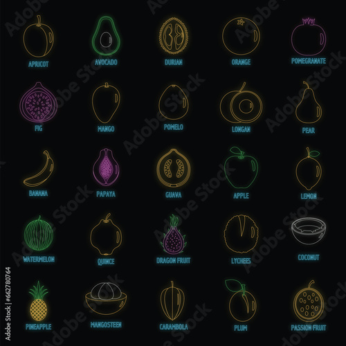 Fruits icons set. Outline illustration of 25 fruits vector icons neon color on black