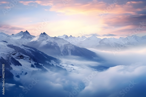 snow-capped mountains emerging from a sea of clouds. The peaks of the mountains are sharp and prominent, piercing through the cloud cover