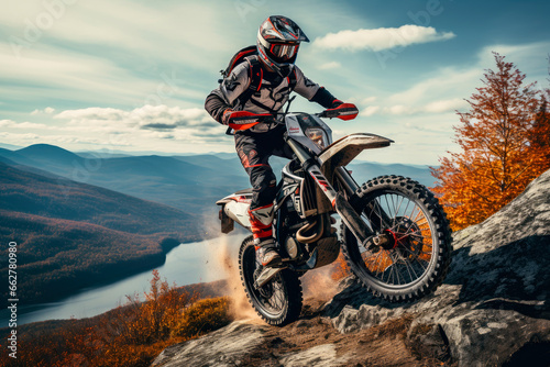 Motorcyclist in full equipment climbing rocky mountain top