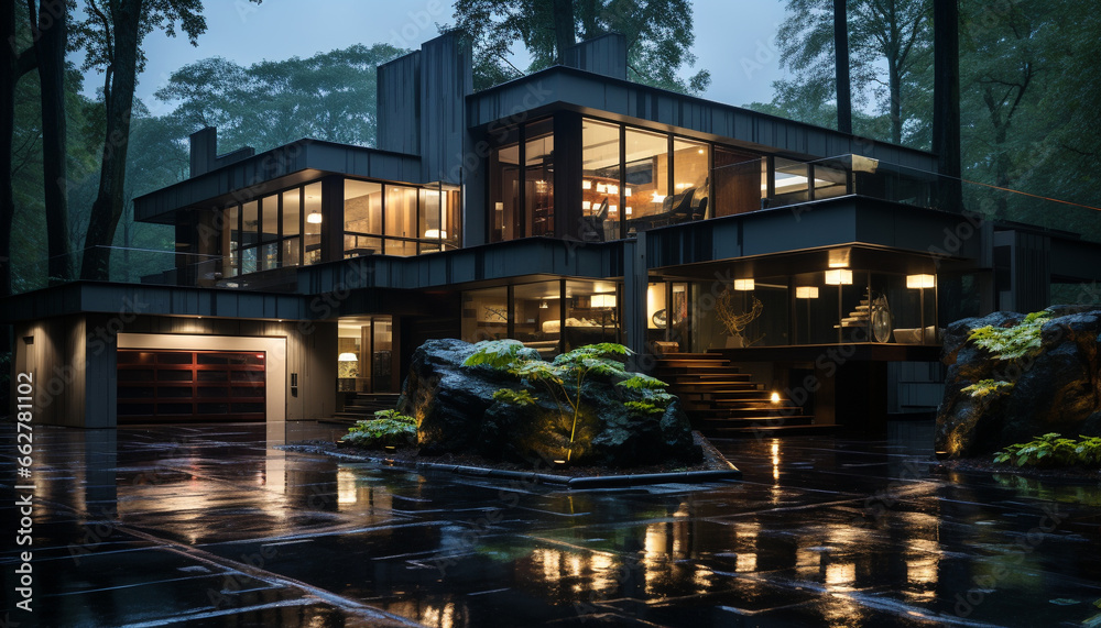 Fototapeta premium Modern architecture reflects in the illuminated building exterior at dusk generated by AI