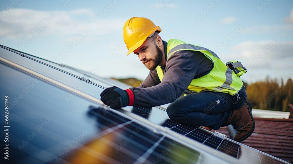 technician diligently installing solar panels on rooftop, promoting sustainable energy solutions for homes - obrazy, fototapety, plakaty 