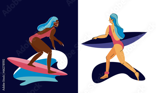 African american girl surfing on wave. Woman running with a surfboard. Happy young female enjoy activity for active summer vacations at sea resort. Cartoon flat vector illustration.