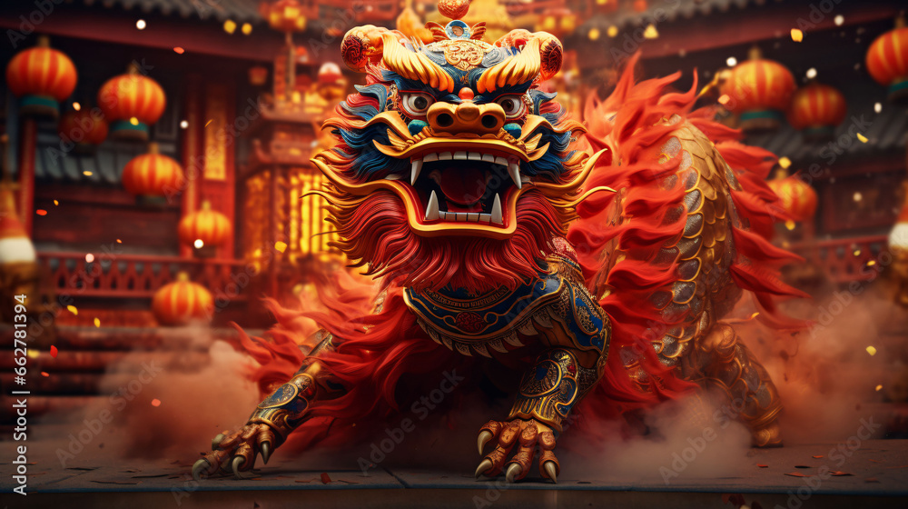 Fototapeta premium New Year celebration dragon dance, Year of the Dragon Spring Festival sculpture traditional festival illustration material
