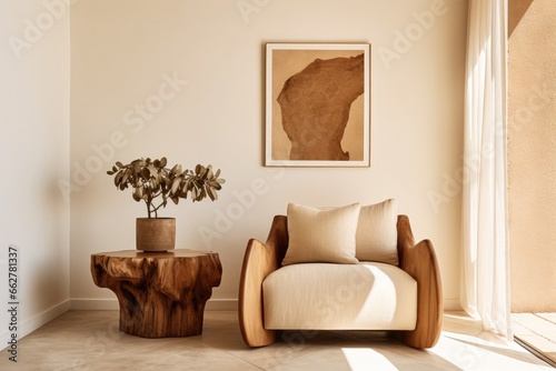 contemporary living room scene with focus on cozy beige chair and wood decor, ideal for decor magazines, ai generated photo