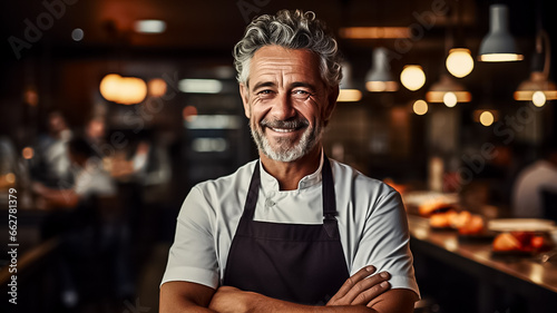 Fototapeta Naklejka Na Ścianę i Meble -  Happy Chef mature man of a Big Restaurant Crosses Arms and Smiles in a Modern Kitchen. Design ai