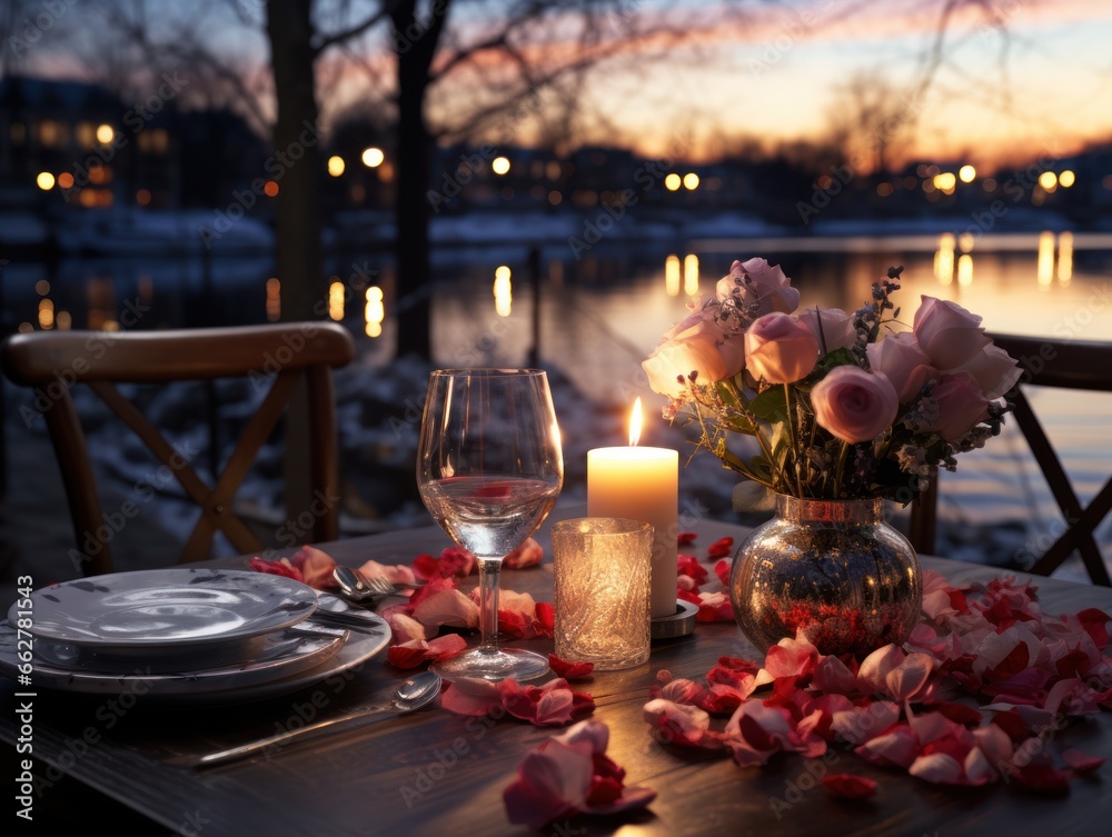 Valentines day table place setting with roses, candlelight and beautiful view on night city. Romantic dinner at cafe. Outdoors. Close up.